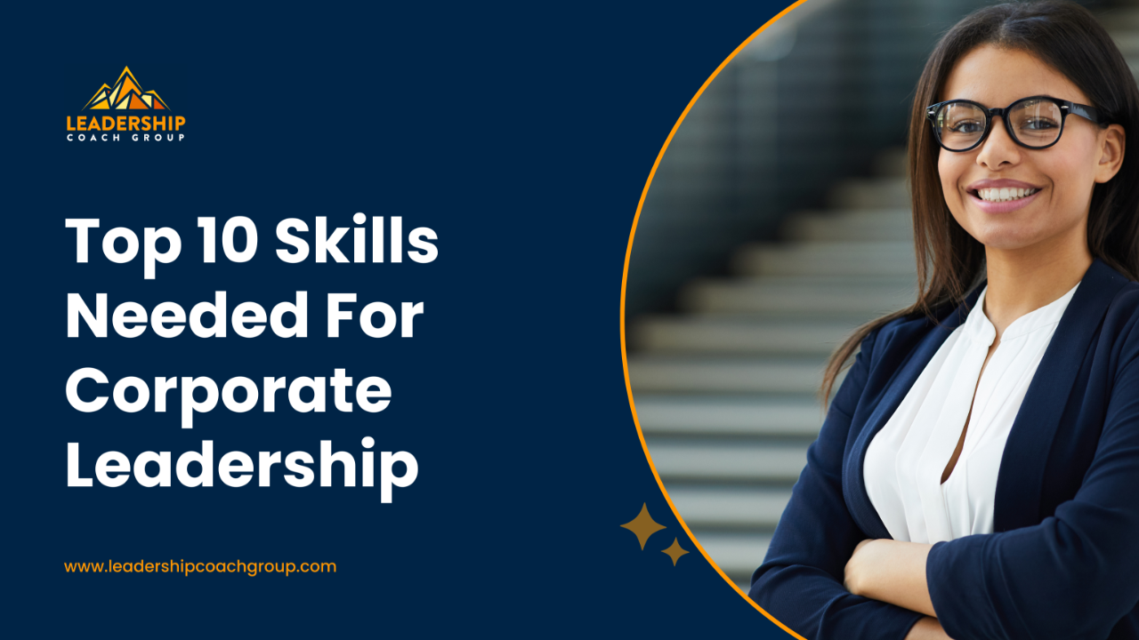 Infographic showcasing the top 10 skills needed for effective corporate leadership
