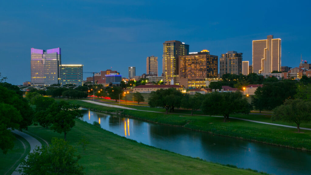 Fort Worth, TX skyline with Trinity Trail