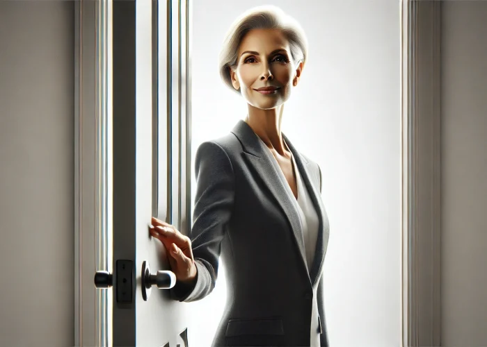 DALL·E 2025-02-27 14.09.43 - A realistic full-body image of an older professional businesswoman standing farther away, holding and opening a door towards the viewer. She is wearin